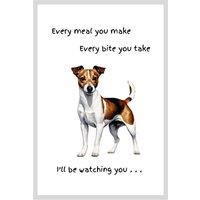 Animal Crackers Dog Tea Towel With 'Watching You' Funny Wording - Jack Russell Terrier in White