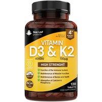 New leaf health Vitamin D3 K2, Vitamin D3 4000iu + Vitamin K2 100mcg, Supports Immunity, Calcium Absorption & Bone Health 120 Vegetarian Tablets