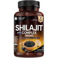 New leaf health Shillajit Complex + Ashwagandha & Lions Mane - 120 High Strength 2000mg Capsules in Light Brown