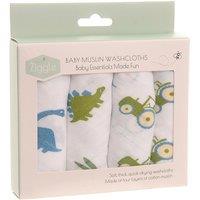 Ziggle Baby Cotton Muslin Washcloths 4 Pack - Blue Dinosaurs & Tractors in White