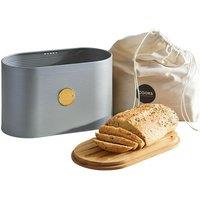 Cooks Professional Ribbed Bread Bin with Linen Bag, Bamboo Cutting Board Lid & Gold Label in Grey