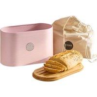 Cooks Professional Ribbed Bread Bin with Linen Bag & 2-in-1 Bamboo Cutting Board Lid in Pink