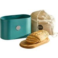 Cooks Professional Ribbed Bread Bin with Linen Bag & 2-in-1 Bamboo Cutting Board Lid in Teal