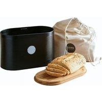 Cooks Professional Ribbed Bread Bin with Linen Bag & 2-in-1 Bamboo Cutting Board Lid in Black