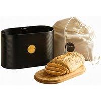 Cooks Professional Ribbed Bread Bin with Linen Bag, Bamboo Cutting Board Lid & Gold Label in Black