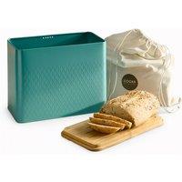 Cooks Professional Diamond Pattern Bread Bin with Linen Bag & Bamboo Cutting Board Lid in Teal