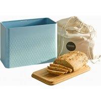 Cooks Professional Diamond Pattern Bread Bin with Linen Bag & Bamboo Cutting Board Lid in Blue