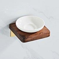 Nes Home Abloh Luxury Ceramic Soap dish with Shelf Wooden Walnut & Brushed Gold in White