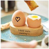 MijMoj Design Solid oak double egg cup engraved with - I think you're cracking x in Light Oak