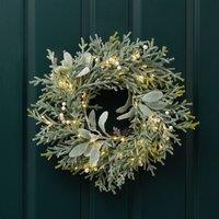 Scottish Everlastings Ltd 45cm Pre-lit Frosted Wreath with Lambs Ear in Green