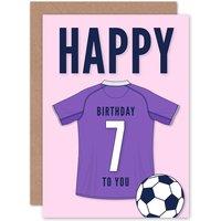 Artery8 Football Fan 7th Happy Birthday Card for Boys Girls Purple Jersey Football Top on Pink Background
