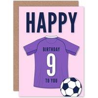 Artery8 Football Fan 9th Happy Birthday Card for Boys Girls Purple Jersey Football Top on Pink Background