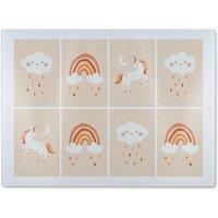 Benjamin Tate Design Cute Hand Drawn Unicorn, Rainbow & Cloud Designer Glass Chopping Board in Natural