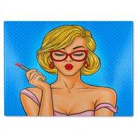 Benjamin Tate Design Pop art illustration woman paints her lips Designer Glass Chopping Board in Natural