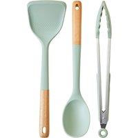 Orsina Sage Green Silicone 3pc Kitchen Set, Non-Scratch Utensils, Includes Turner, Spoon & Tongs, Heat-Resistant Tools