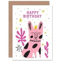 Wee Blue Coo Pink Dog with Crown Fun Bright Happy Birthday Card