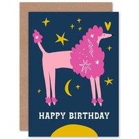 Wee Blue Coo Pink Poodle Dog Starry Night Sky Happy Birthday Card