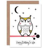 Wee Blue Coo Happy Birthday to-Woo White Owl on Branch at Night Card