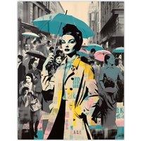 Artery8 Wall Art Print New York City Winter Retro Fashion Collage Stand Out Advert Woman In Busy Street w/ Umbrella Vibrant Colourful Bold Pop Art