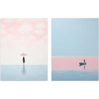 Artery8 Wall Art Print Set of 2 s Pink on Blue Water Minimalism Boat at Sea Umbrella 2 Pack Poster Living Room s | Size: A4