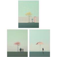 Artery8 Wall Art Print Set of 3 s Minimalist Sage Green Aesthetic Tree Umbrella Park 3 Pack Poster Living Room s in Pale Green | Size: A4