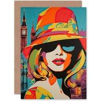 Artery8 1960s London Chic Retro Neon Woman Big Ben Birthday Greeting Card
