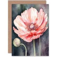 Artery8 Pink Poppy Flower Pastel Watercolour Birthday Thank You Greeting Card