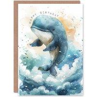 Artery8 Birthday Card Cute Whale Wave Jump Child For Son Daughter Boy Happy Card in Blue