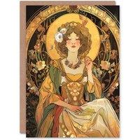 Artery8 Alphonse Mucha Style Woman Floral Art Nouveau Greeting Card Birthday in Yellow