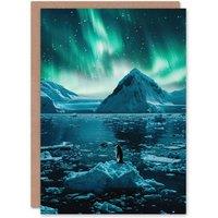 Artery8 Aurora Australis Penguin Antarctica Ice Landscape Greeting Card in Blue
