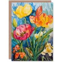 Artery8 Birthday Card Spring Flower Blooms Watercolour Painting Greeting Card in Blue