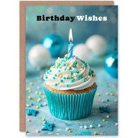 Artery8 Birthday Card Blue Cupcake Candle Wishes Greeting Card
