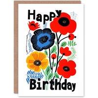 Artery8 Birthday Card Bright Poppy Flower Pattern Floral Design Greeting Card