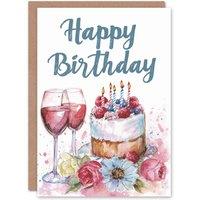 Artery8 Birthday Card Fruit Cake & Wine Floral Watercolour Greeting Card in Pink