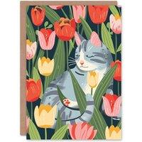 Artery8 Birthday Card Cat Lover Grey Kitty Among Tulip Flowers Greeting Card in Green