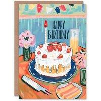 Artery8 Birthday Card Strawberry Birthday Cake Painting Table Flowers Him Her in Blue