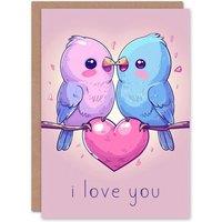 Artery8 Adorable Kawaii Birds Cartoon Kissing Love You Anniversary Card in Pink