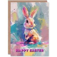 Artery8 Cute Baby Bunny Rabbit Pastel Colour Oil Painting Easter Card in Blue