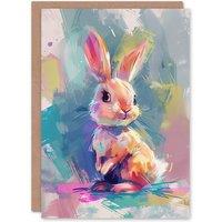 Artery8 Cute Baby Bunny Rabbit Pastel Colour Oil Painting Birthday Card in Blue
