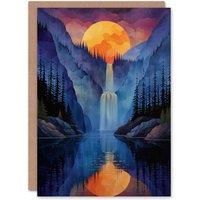 Artery8 Cascading Waterfall New Zealand Forest Sunset Birthday Card in Blue