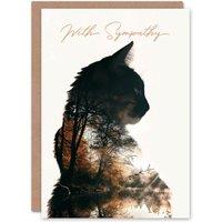 Artery8 Cat Lover Double Exposure Forest Lake Landscape Sympathy Card in Black