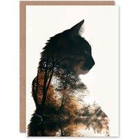 Artery8 Cat Lover Double Exposure Forest Lake Landscape Birthday Card in Black