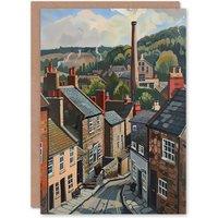 Artery8 Traditional Northern English Village Painting Birthday Art Card in Brown