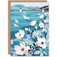 Artery8 Coastal Scottish Pier Seagulls Floral Painting Birthday Art Card in Blue