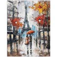 Artery8 Umbrella Lovers Abstract Autumn Paris Cityscape Wall Art Print in Grey | Size: W18" x H24"