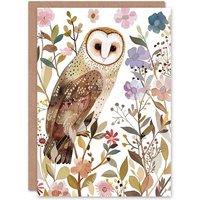 Artery8 Greeting Card Barn Owl Bird with Wildflowers Floral Watercolour