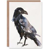Artery8 Greeting Card A Single Raven Bird Bright Watercolour Painting Birthday in Black