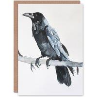 Artery8 Greeting Card Raven Bird on Tree Branch Bright Watercolour Birthday in Black
