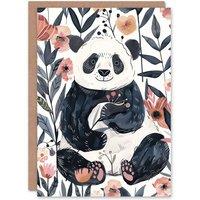 Artery8 Greeting Card Cute Panda Bear in Flower Garden Bright Simple Birthday in Pink