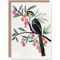 Artery8 Greeting Card Parrot Bird Pink Green Fruit Tree Branch Bright Birthday